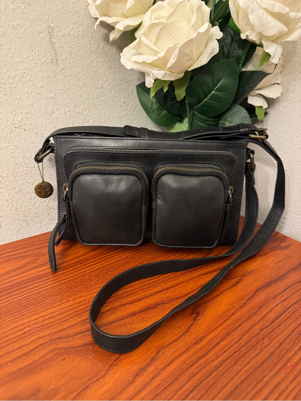 Lucky Brand Black Leather Messenger Bag with Front Pockets